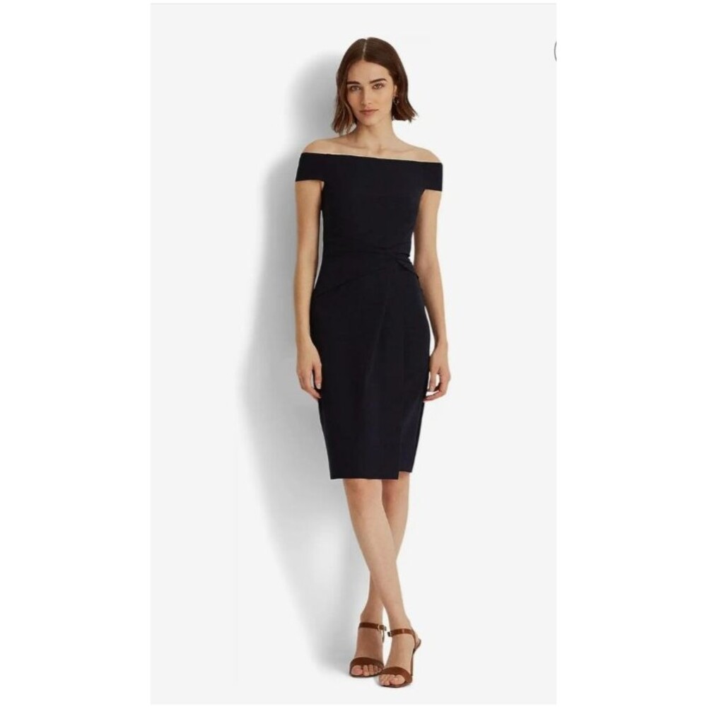 LAUREN Ralph Lauren Womens Sz 2 Crepe Off-the-Shoulder Dress Navy Blue Career